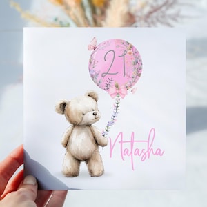 Personalisierte rosa Teddy Ballon 18.21.30.40.50 Zahl Geburtstagskarte für Tochter Sohn Schwester Bruder Freund