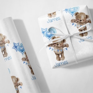 Papier cadeau personnalisé pour félicitations, ballons ours bleus, nouveaux