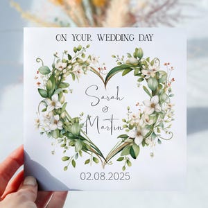 Carte de mariage personnalisée, cadeau de mariage, couronne de coeur botanique, carte d'anniversaire, carte de fiançailles, feuilles botaniques