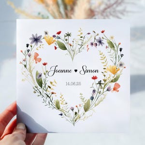 Personalisierte Blumenhochzeitskarte Hochzeitsgeschenk Wilde Blumen Herzkranz Jubiläumskarte Verlobungskarte Botanische Blätter
