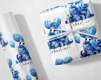 Personalised Blue Football Party any Name Any Number Birthday Luxury Wrapping Paper Gift Wrap