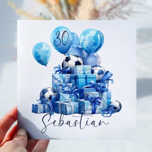 Carte d'anniversaire personnalisée fête de football bleue, n'importe quel nom, n'importe quel numéro