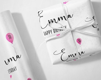 May include: White gift wrap with pink balloons and the text "Emma Happy Birthday".