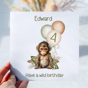 Carte d'anniversaire personnalisée avec nombre de singes Safari