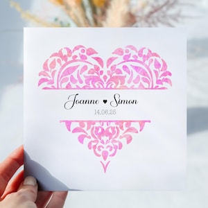 Carte de mariage florale personnalisée, cadeau de mariage, couronne de coeur ouvert rose, carte d'anniversaire, carte de fiançailles, feuilles botaniques