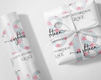 Personalized 18th Birthday Wrapping Paper, Blue Vintage Rose Style