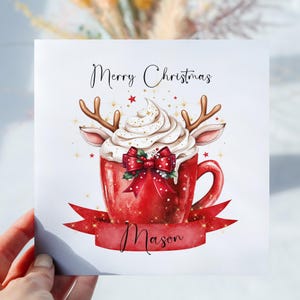 Personalisierte Red Reindeer Hot Chocolate Weihnachtskarte