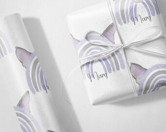 Personalised Purple Cat Rainbow Birthday Luxury Wrapping Paper Gift Wrap