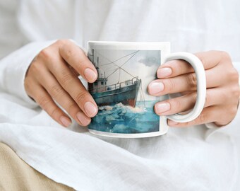 Fisherman's Mug, Coffee Mug, Tea Mug, Nautical Decor, Boat Graphic, Rough Seas, Sea Lover, Maritime Theme, Coastal Vibes, Oceanic Cup #2