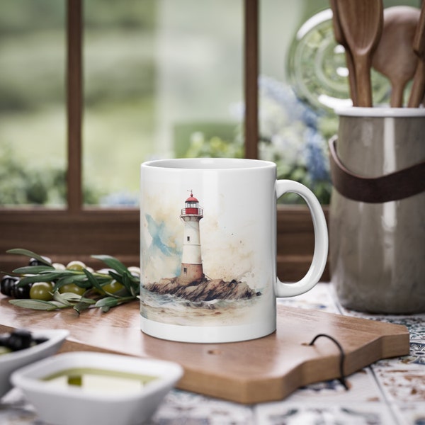 Wunderschöne Tasse mit Leuchtturm-Motiv im Aquarell-Stil #1, Maritime Tasse, Küste, Meer,  Wasserfarben, Meeresliebhaber, friedlich