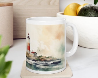 Beautiful mug with lighthouse motif in watercolor style #2, Maritime mug, Coast, Sea, Watercolors, Ocean lover, Peaceful