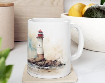 Beautiful mug with lighthouse motif in watercolor style #1, Maritime mug, Coast, Sea, Watercolors, Ocean lover, Peaceful