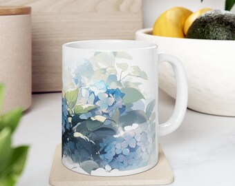 Beautiful Hydrangea Mug, Flower Design, Garden Lover gift, Floral Nature Mug, Blue flower mug