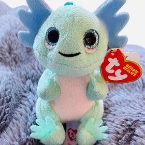 May include: A plush axolotl toy in shades of mint green and pink, with large glittery eyes and blue frills. The toy has a small smile and a red tag that says "Beanie Bellies".