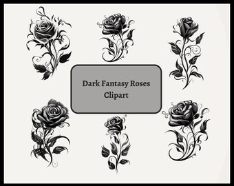 Magical Dark Fantasy Roses Clipart - Fantasy Magic Roses, Black and White Clipart - PNG format instant download for commercial use
