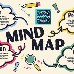 Puede incluir: Un mapa mental colorido con la palabra "MIND MAP" en el centro. El mapa tiene cinco ramas con las palabras "Plan", "Solución", "Programa", "Final" y "Treasure Unlocking Podcast". Cada rama tiene una descripción del tema.
