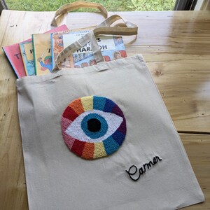 Evil Eye Handmade Bag, Tote bag, Punch Needle Embroidered Tufted Tote Bag, Hand Tufted Tote Bag, Shoulder Bag, Personalized Gift Bag,