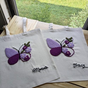 Tote bag, Punch Needle Embroidered Handmade Tote Bag, Hand Tufted Tote Bag, Shoulder Bag, Personalized Gift Bag, Butterfly Bag