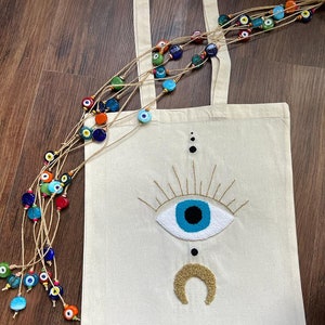 Evil Eye Handmade Bag, Tote bag, Punch Needle Embroidered Tufted Tote Bag, Hand Tufted Tote Bag, Shoulder Bag, Personalized Gift Bag,