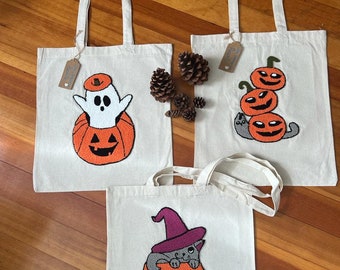 Trick or Treat Tasche, Tragetasche, mit Punch Needle bestickte getuftete Tragetasche, Halloween Trick or Treat personalisierte Canvas Tragetasche