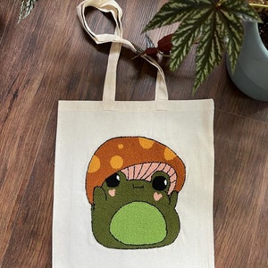 Frog Mushroom Handmade Tote Bag, Punch Needle Embroidered Handmade, Hand Tufted Bag, Shoulder Bag, Personalized Gift Bag, Punch Bag