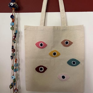 Evil Eye Handmade Bag, Tote bag, Punch Needle Embroidered Tufted Tote Bag, Hand Tufted Tote Bag, Shoulder Bag, Personalized Gift Bag,