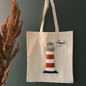 Lighthouse Handmade Bag, Tote bag, Punch Needle Embroidered Tufted Tote Bag, Hand Tufted Tote Bag, Shoulder Bag, Personalized Gift Bag,