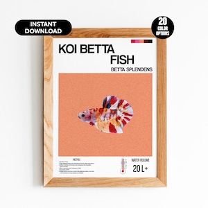 Peut inclure: Une affiche imprimable représentant un poisson Betta Koi, également appelé Betta Splendens, avec un motif de couleur rouge, orange et blanc. L'affiche a un design minimaliste avec le nom du poisson et son nom scientifique en texte noir sur un fond orange clair. L'affiche comprend également des informations sur les soins du poisson, notamment le volume d'eau recommandé de 20 litres ou plus.