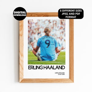May include: A digital print of a soccer player sitting in a meditative pose on a green field. The player is wearing a light blue jersey with the number 9 on the back. The text "ERLING HAALAND" is printed below the image. The text "LEEDS, ENGLAND 21 JULY 2000" is printed below the text "ERLING HAALAND".