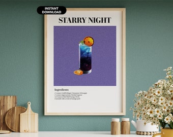 星空の夜のカクテルポスター - バーカートの壁アート - クラシックなカクテルの壁アート - レトロなカクテルプリント - モダンヴィンテージアート - バーの壁アート