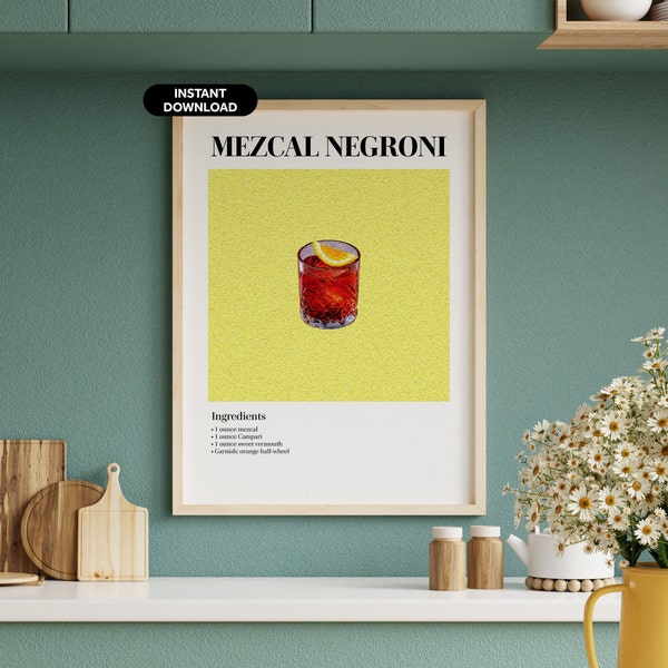 Mezcal Negroni Cocktail Poster - Bar Cart Wall Art - Classic Cocktail Wall Art - Retro Cocktail Print - Modern Vintage Art - Bar Wall Art