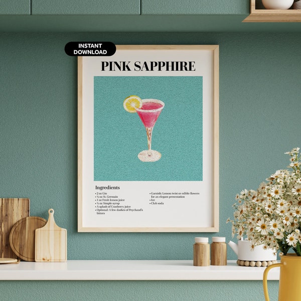 Pink Sapphire Cocktail Poster - Bar Cart Wall Art - Classic Cocktail Wall Art - Retro Cocktail Print - Modern Vintage Art - Bar Wall Art