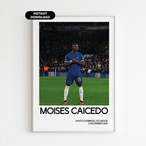 May include: A poster featuring a soccer player in a blue jersey with the number 25 on the back. The player is standing on a green field with a crowd of people in the background. The poster has the text "Moises Caicedo" in large black letters at the bottom, with the text "Santo Domingo, Ecuador" and "2 November 2001" in smaller black letters below.