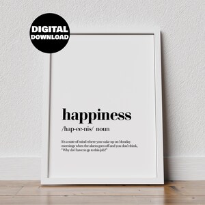 Happiness Definition Poster – Motivational Digital Wall Art for Positive Vibes – Minimalist Typography Print for Instant Download