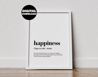 Happiness Definition Poster – Motivational Digital Wall Art for Positive Vibes – Minimalist Typography Print for Instant Download