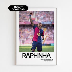 Póster de Raphinha para pared con diseño de fútbol. Regalo para fanáticos del Barcelona. Decoración deportiva moderna para la oficina. Descarga instantánea. Regalo perfecto para fanáticos del fútbol.