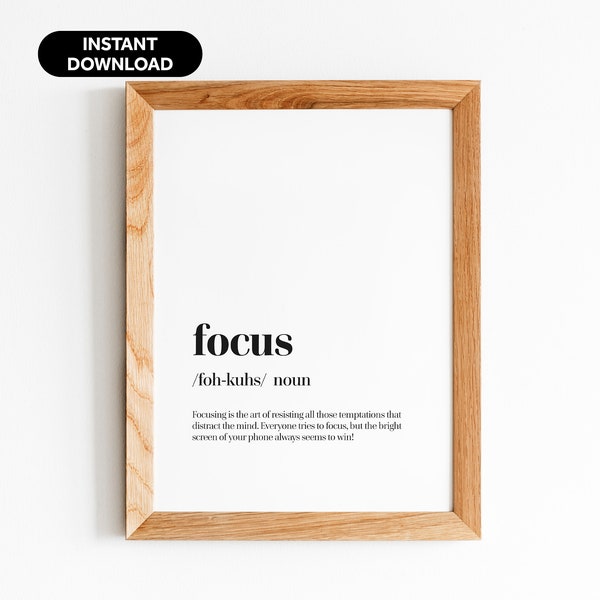 Focus Definition Poster - Motivation Wall Art for Positive Vibes and Inspirational Quotes - Definition Print for Home Office Decor