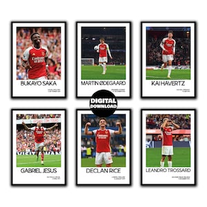 May include: A set of 6 digital printable posters featuring Arsenal Football Club players. Each poster features a player in their red and white kit, with their name and position printed below the image. The posters are perfect for any Arsenal fan.