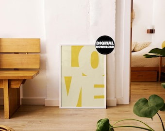 Modern Yellow Love Wall Art Print, Minimalist Valentine’s Day Poster, Bold Typography Instant Download, Romantic Gift for Couples