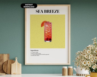 Sea Breeze Cocktail Poster - Bar Cart Wall Art - Classic Cocktail Wall Art - Retro Cocktail Print - Modern Vintage Art - Bar Wall Art
