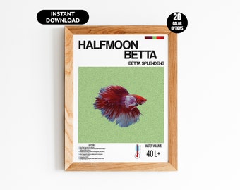 Póster de pez Betta en forma de media luna: arte digital personalizable para pared de acuario: impresión única para amantes de los acuarios, entusiastas de los peces y decoración del hogar