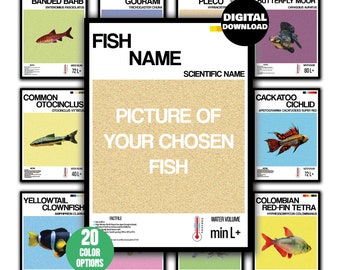 May include: A colourful chart with images and information about different types of fish. Each card features a fish illustration, its common and scientific name, water volume requirements, and a digital download label.