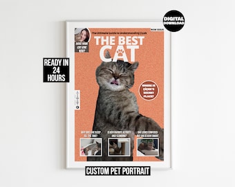May include: A digital download of a custom pet portrait in the style of a magazine cover. The cover features a cat with a tongue sticking out and the text "The Best Cat".