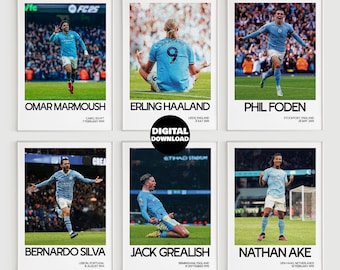 Manchester City Set Of 6 Poster - Haaland Foden Grealish Silva Marmoush Ake Sports Office Art - Instant Download - Football Poster Wall Art