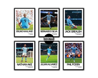 Manchester City Set Of 6 Poster - Haaland Foden Grealish Silva Martinez Ake Sports Office Art - Instant Download - Football Poster Wall Art