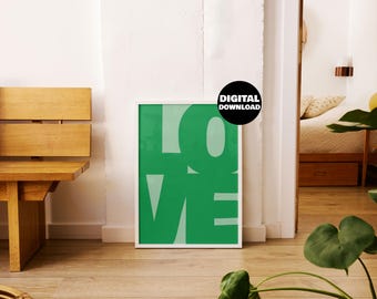 Modern Green Love Wall Art Print, Minimalist Valentine’s Day Poster, Bold Typography Digital Download, Romantic Gift for Couples