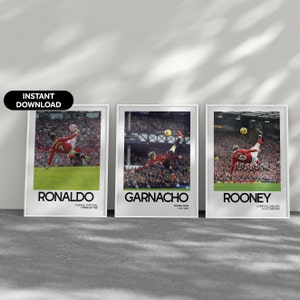 Póster de Rooney Garnacho Ronaldo Sports Office Art 3 Set - Póster de Rooney Garnacho Ronaldo - Póster de fútbol - Arte de fútbol - Arte deportivo
