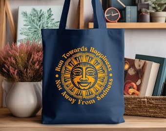 Boho Sun Run Towards Happiness Organic Cotton Canvas Tote Bag - Cute Gift Idea! Indigo or Black and Honeycomb Print