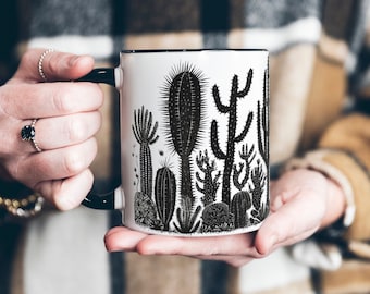 Boho Desert Cacti Stencil Two-Tone Black and White Mug // 11oz Accent Mug // Cactus Print, Bohemian by BohoAli
