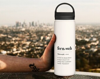 Boho Fernweh Wanderlust Travel Stainless Steel Water Bottle // Handle Loop Lid // Gift for Travelers and Adventurers // 12oz, 18oz, 32oz